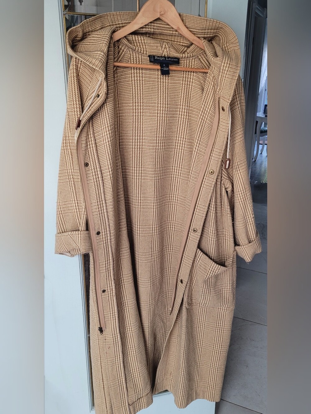 Vintage Ralph Lauren Plaid Wool Duster Coat Hooded Waffle Trench Jacket - Picture 5 of 11